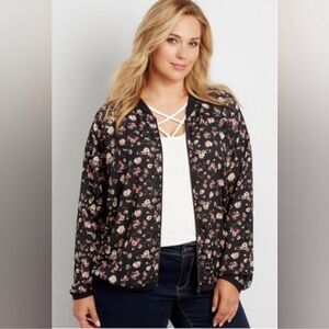 Maurices XL Black Floral Chiffon Bomber Jacket lightweight sheer